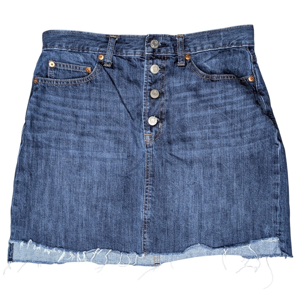 Gap Women's 30 100% Cotton Blue Button Fly Denim Jean Skirt Short Retro Raw Hem